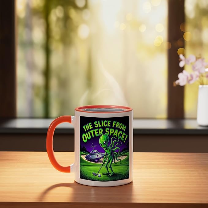 Funny Golfing Alien The Slice From Outer Space Retro UFO Ceramic Mug, Orange/White