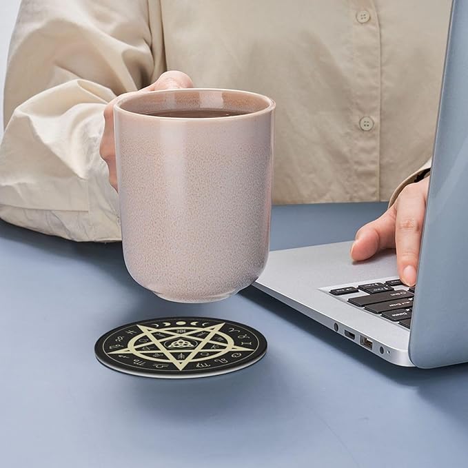 Celtic Wiccan Magic Pentagrams Leather Drinks Coasters with Holder, Set of 6, Suitable for Various Cups