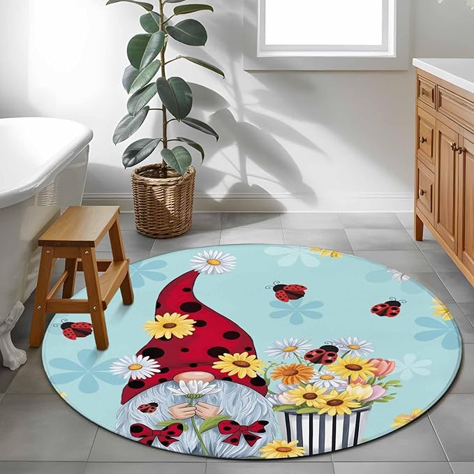 Washable Round Area Rug Summer Ladybug Gnome Daisy Flower Circle Rugs Floor Carpet for Living Room Bedroom, Watercolor Bloom Floral on Blue Soft Non Slip Round Rug 3ft