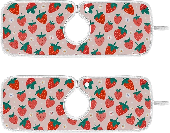 Kitchen Faucet Absorbent Mat,Strawberry Summer Berry Water Splash Guard for Sink, Faucet Drip Catcher Thicken Sponge Microfiber Faucet Water Catcher Mat Sink Absorbent Mat for Kitchen 30x5in 2 Pack