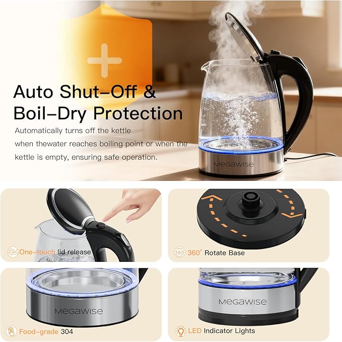 MEGAWISE Electric Kettle 1.8L, High Power Fast Boiling Hot Water Boiler, Auto Shut-Off, BPA-Free Food-Grade Material, Tea Kettle for Kitchen Home Office Coffee Tea