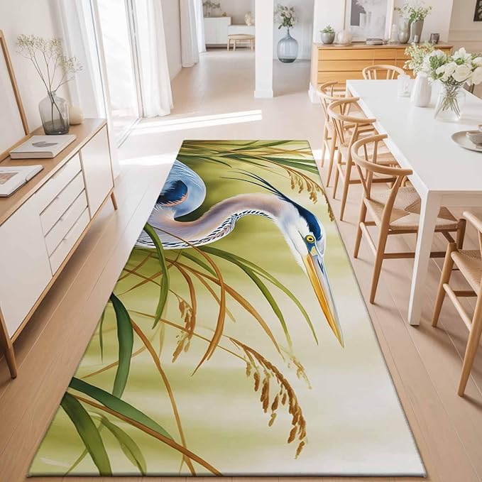 Runner Rug for Bedroom Hallway, Natural Bird Wetland Landscape Kitchen Runner Rugs Area Rug 2x6ft, Wild Heron Grass Washable Soft Floor Carpet for Entryway Stair