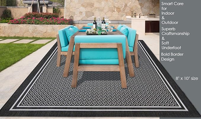 Gertmenian Indoor/Outdoor Flatweave Area Rug - 8x10 Large, Stain & UV Resistant, Ideal for Deck, Patio, Poolside, Mudroom - Border, Black and White, 22257