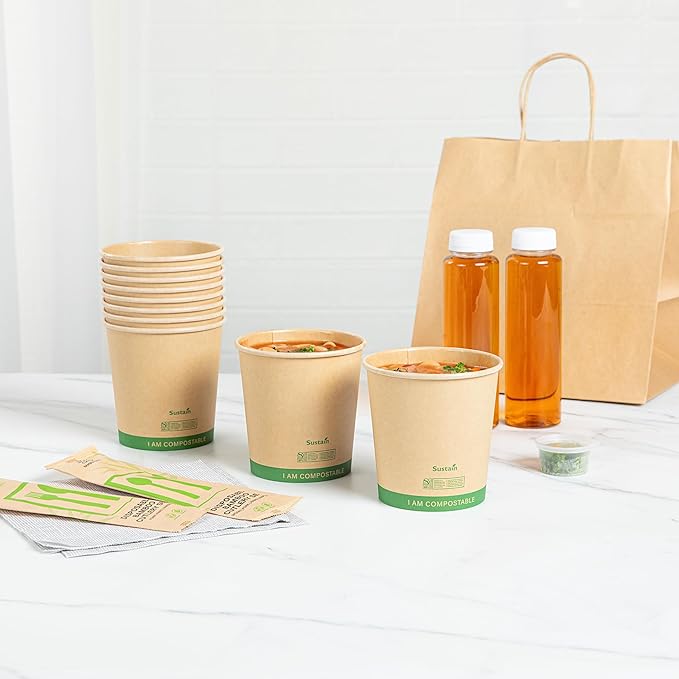 Restaurantware Paper Soup Containers 200 Pack Of 24 oz Disposable Kraft To Go Hot Soup Serving Bowls BPI-Certified Compostable Leakproof Stackable Food Containers For Noodles, Pasta And Desserts