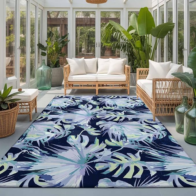Area Rug 3x5ft, Watercolor Blue Teal Palm Leaves Washable Rugs for Living Room Bedroom, Abstract Botanical Soft Non-Slip Area Rugs Rectangle Floor Carpet for Dining Room
