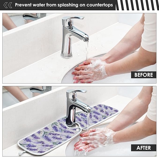 Kitchen Faucet Absorbent Mat,Lavender Flower Water Splash Guard for Sink, Faucet Drip Catcher Thicken Sponge Microfiber Faucet Water Catcher Mat Sink Absorbent Mat for Kitchen 30x5in 2 Pack