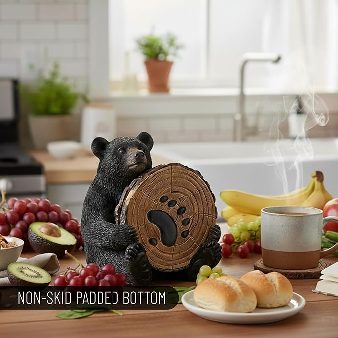 Black Bear Drink Coaster Set of 5 with Rubber Pad Base - Cool Rustic Home Table Beer and Beverage Coaster with Holder