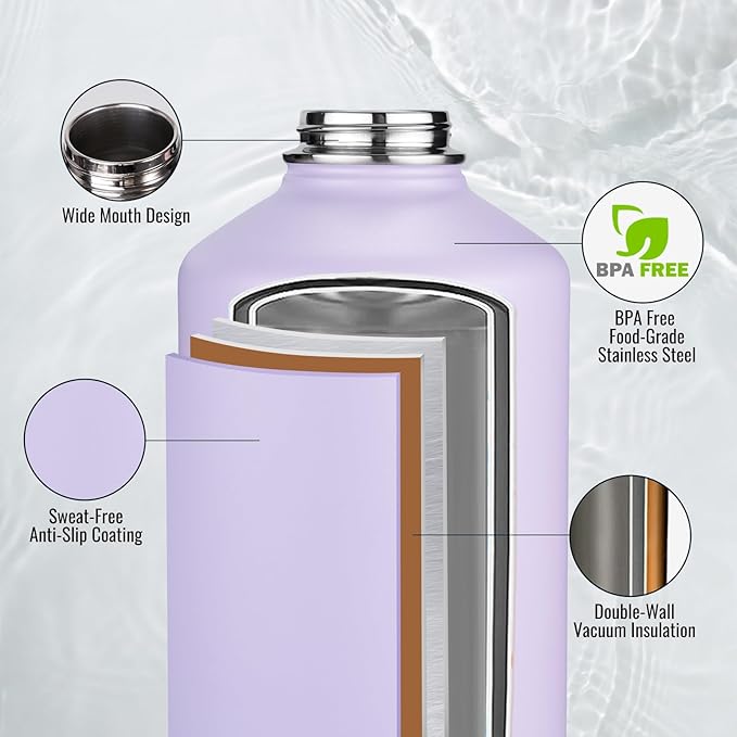 Fijinhom Gallon Water Bottle with 2 Lids (Straw & Spout), 304 Stainless Steel Water Jug with Handle and Wide Mouth, 1 Gallon Vacuum Double Walled Jug for Sports, Outdoors, Purple, 128 oz