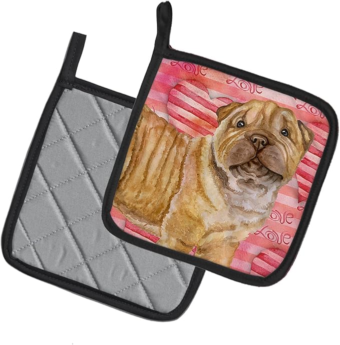 Caroline's Treasures BB9806PTHD Shar Pei Puppy Love Pair of Pot Holders, Red Kitchen Heat Resistant Pot Holders Sets Oven Hot Pads for Cooking Baking BBQ, 7 1/2 x 7 1/2