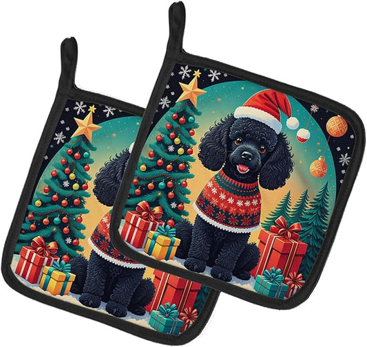 Caroline's Treasures Black Toy Poodle Christmas Pair of Pot Holders Kitchen Heat Resistant Pot Holders Sets Oven Hot Pads for Cooking Baking BBQ, 7 1/2 x 7 1/2