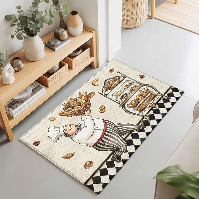 Area Rug 2x3ft, Farmhouse Kitchen Baker Bread Washable Rugs for Living Room Bedroom, Vintage Black Plaid Soft Non-Slip Area Rugs Rectangle Floor Carpet for Dining Room