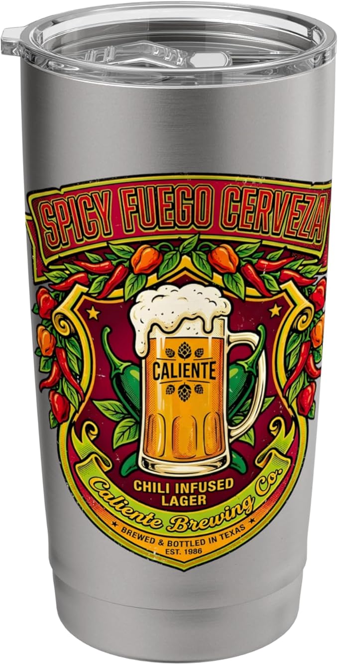 Spicy Fuego Cerveza Chili Texas Drinking Vintage Beer Label Stainless Steel Insulated Tumbler
