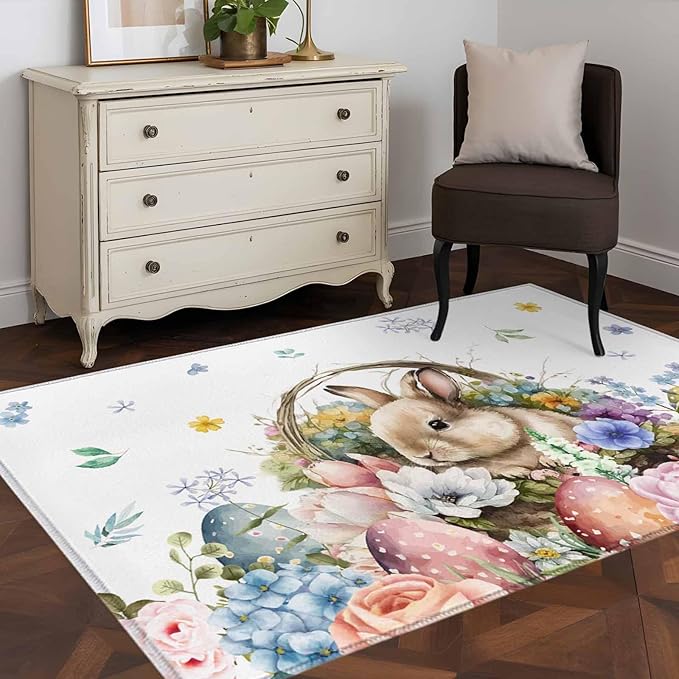 Area Rug 3x5ft, Easter Egg Spring Flower Cute Rabbit Washable Rugs for Living Room Bedroom, Blossom Floral on White Soft Non-Slip Area Rugs Rectangle Floor Carpet for Dining Room