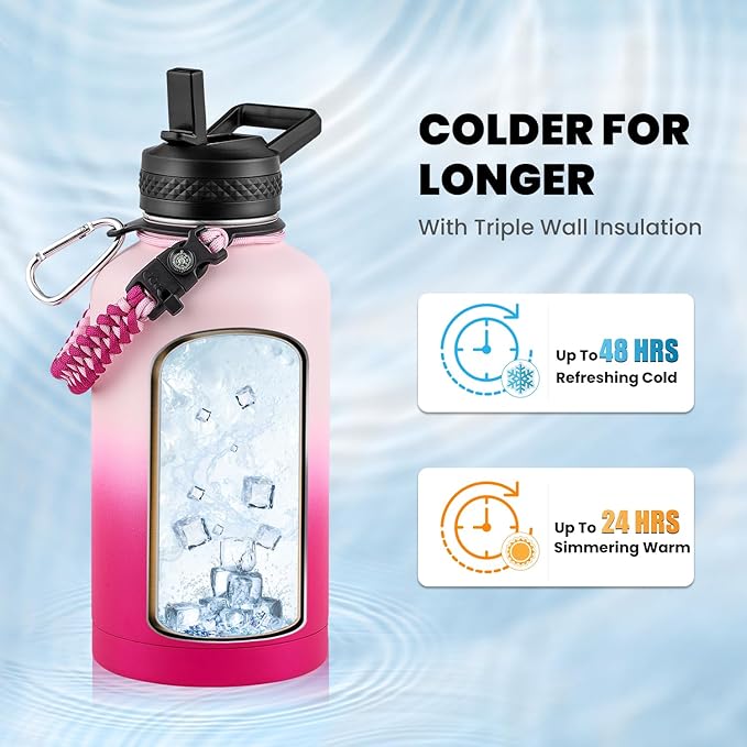 RAYMYLO Insulated Water Bottle 64 oz, Triple Wall Vacuum Stainless Steel (Cold for 48 Hrs), Leak Proof & Non-BPA, Half Gallon Water Flask Jug with Paracord Handle & Straw Spout Lids, Ombre Pink