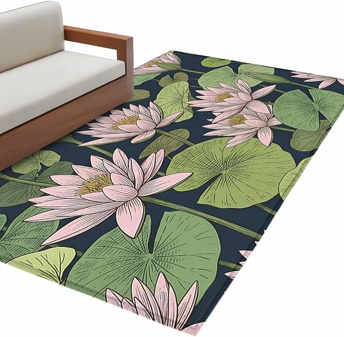 Area Rug 3x5ft, Pink Lotus Water Lily Dark Green Leaves Washable Rugs for Living Room Bedroom, Oriental Style Soft Non-Slip Area Rugs Rectangle Floor Carpet for Dining Room
