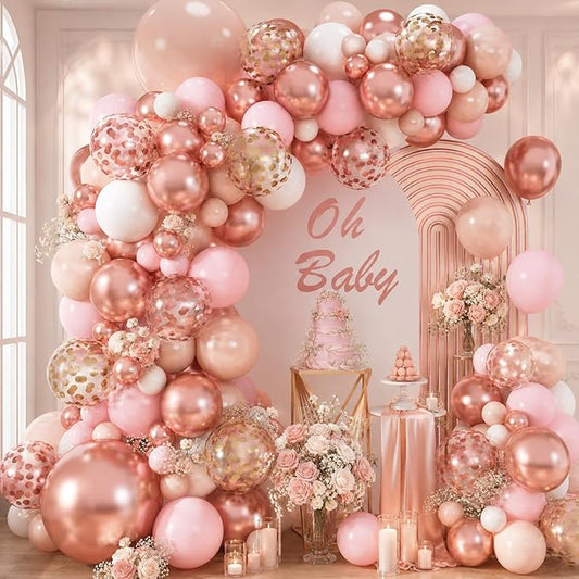 Rose Gold Balloon Garland Arch Kit, 122Pcs Metallic Rose Gold Pink White Gold Balloons for Wedding Bridal Baby Shower Graduation Girls Women Mother Day Birthday Party Decorations