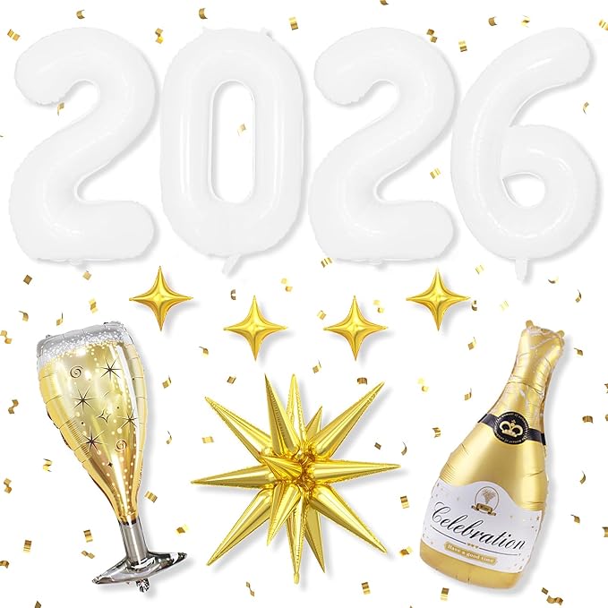 White 2026 Balloons, 40 Inch Number 2026 White Foil Balloons, Gold Star Balloon with Champagne Bottle Glass Balloon for Happy New Years Eve Party Supplies 2026 Class of 2026 Graduation Decorations