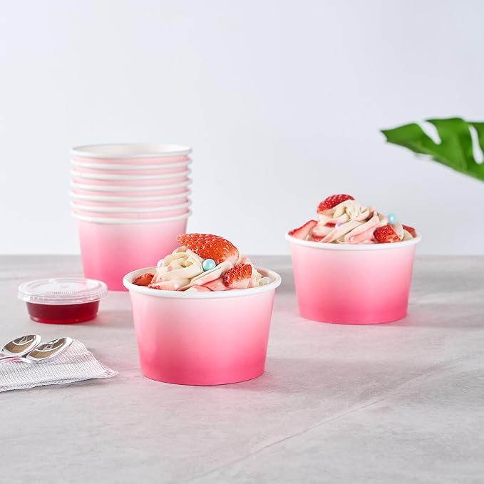 Restaurantware Paper Cups 200 Count 8 Ounce Square Disposable Ice Cream Containers, Leak-Resistant Paper Dessert To Go Cups, Hot And Cold Food, Durable Pink And White Ombre Design