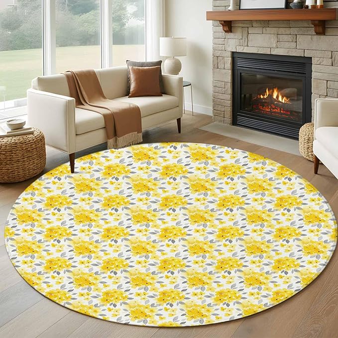 Washable Round Area Rug Summer Pastoral Yellow Flower Circle Rugs Floor Carpet for Living Room Bedroom, Country Floral Leaf Theme Soft Non Slip Round Rug 5ft