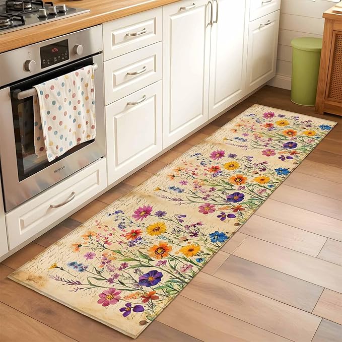 Runner Rug for Bedroom Hallway, Farmhouse Colorful Small Flower Kitchen Runner Rugs Area Rug 2x6ft, Retro Backdrop Seamless Washable Soft Floor Carpet for Entryway Stair