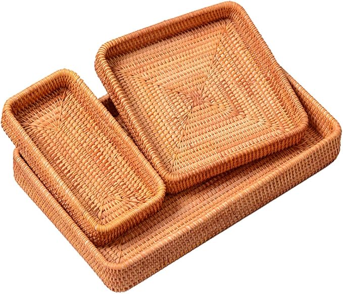 i-lan Set of 3 15" Rattan Woven Serving Tray Basket,Original Color Wicker Coffee Table Décor Serving Tray Country Style, Handmade Display Basket for Entryway Kitchen Bathroom Counter