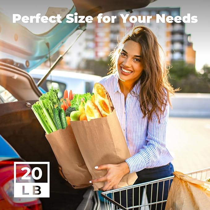 Fit Meal Prep 125 Pack 20 lb Large Brown Paper Bags, 16 x 8 x 5.5” Durable Kraft Paper Bags Bulk for Packing, Delivery, Take Out, Grocery, Retail Shopping, Premium Big Size Sacks for Shopping