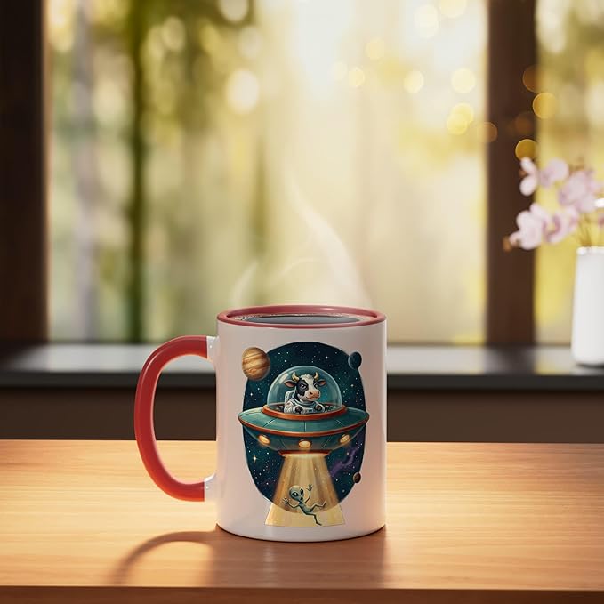 Funny Cow Astronaut UFO Abducting Alien Space Graphic Ceramic Mug, Red/White