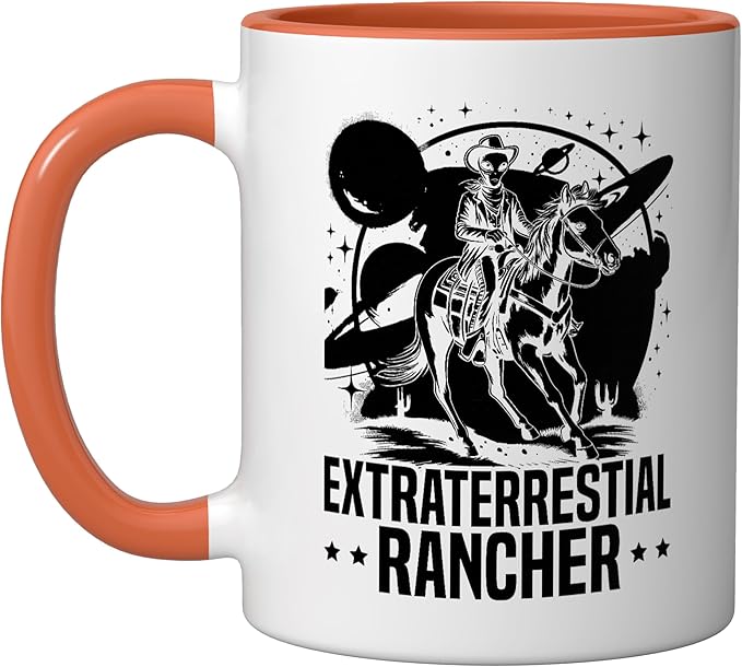 Alien Lover Flying Saucer UFO Extraterrestrial Cowboy Ceramic Mug, Orange/White