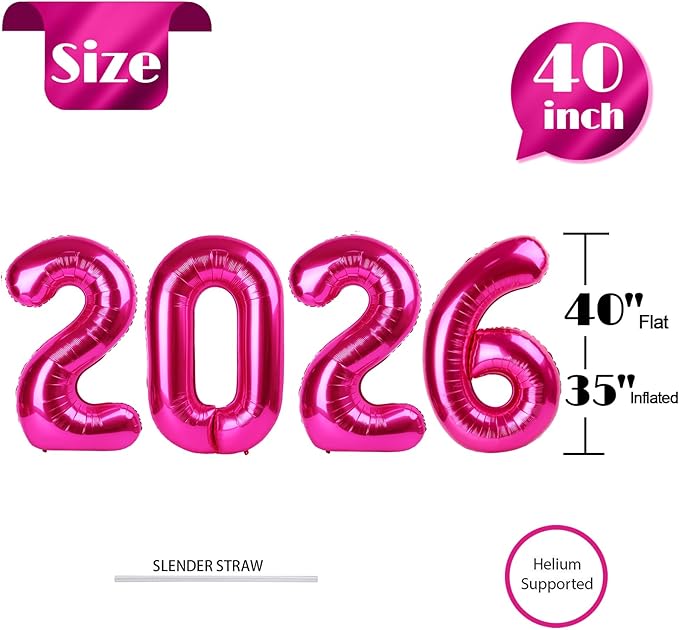 Hot Pink 2026 Number Balloon, Number Balloons 40 Inch, 2026 Balloon Number Birthday Decorations, 2026 Birthday Party Supplies, 2026 Graduation Party Favors, Class of 2026 Decorations
