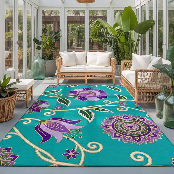 Area Rug 3x5ft, Bohemian Purple Flowers Washable Rugs for Living Room Bedroom, Paisley Floral Art Soft Non-Slip Area Rugs Rectangle Floor Carpet for Dining Room