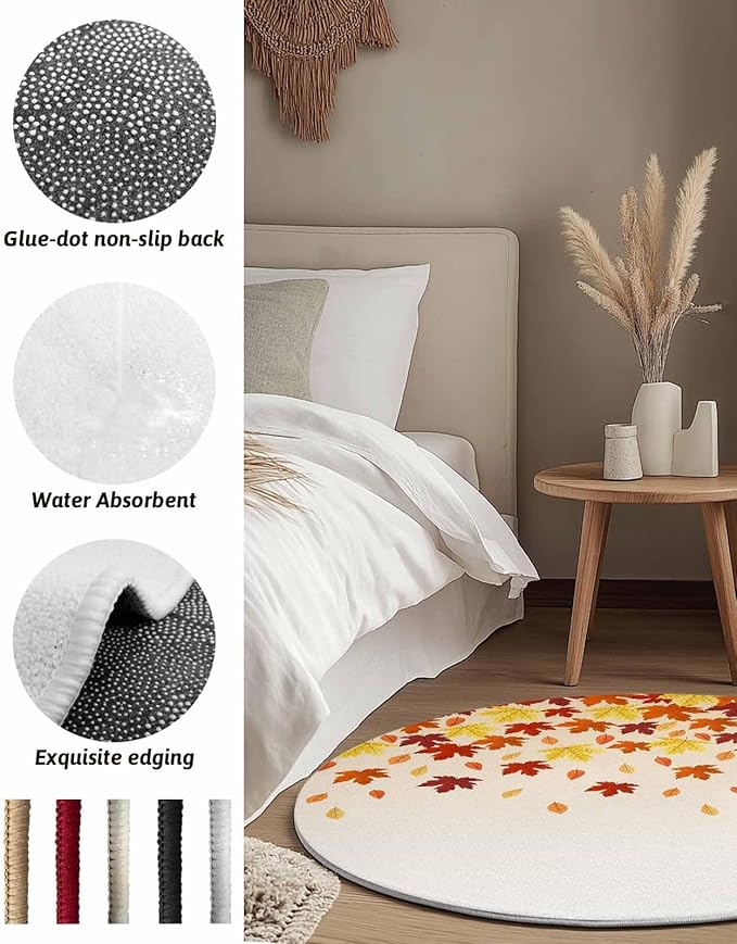 Round Area Rug,Fall Orange Maple Leaf Watercolor Circle Living Room Rug Non-Slip Rugs Indoor Carpet,Thanksgiving Fallen Leaves Seamless Soft Comfort Rugs for Bedroom KidsRoom Nursery