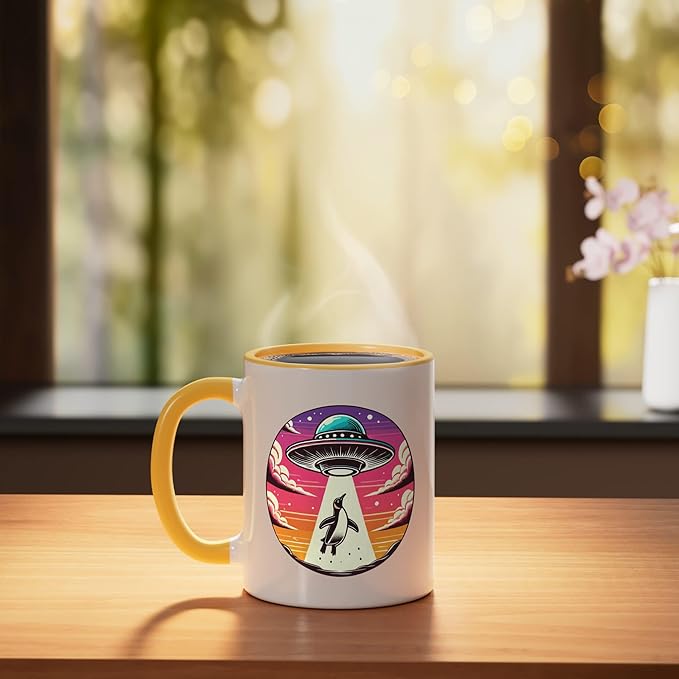 Penguin Abducted Alien Spacecraft Outer Space Abduction Ceramic Mug, Yellow/White