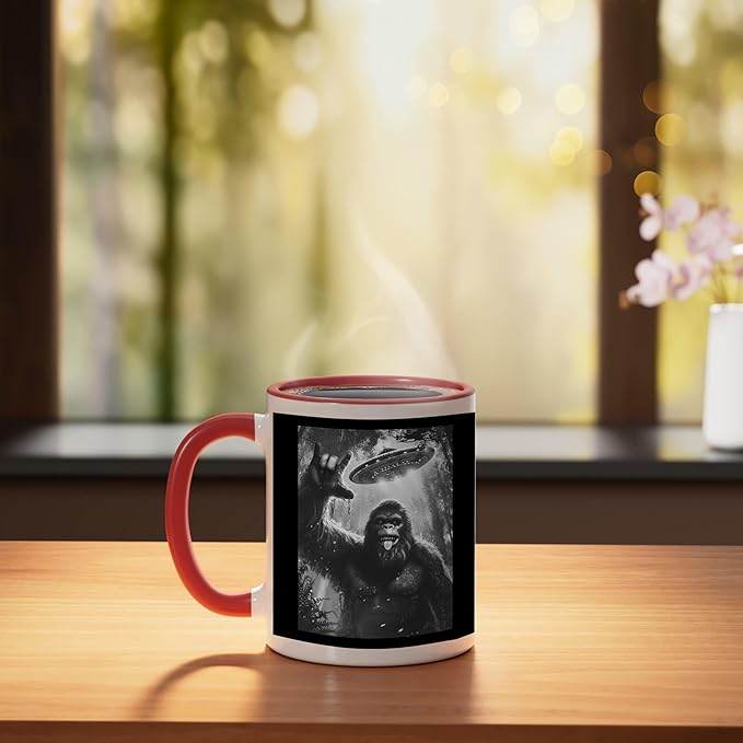 Funny Sasquatch Bigfoot Rock On Selfie with UFO Alien Saucer Ceramic Mug, Red/White