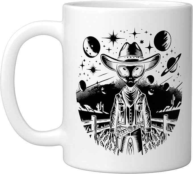 Alien Lover Flying Saucer UFO Extraterrestrial Cowboy Ceramic Mug, White