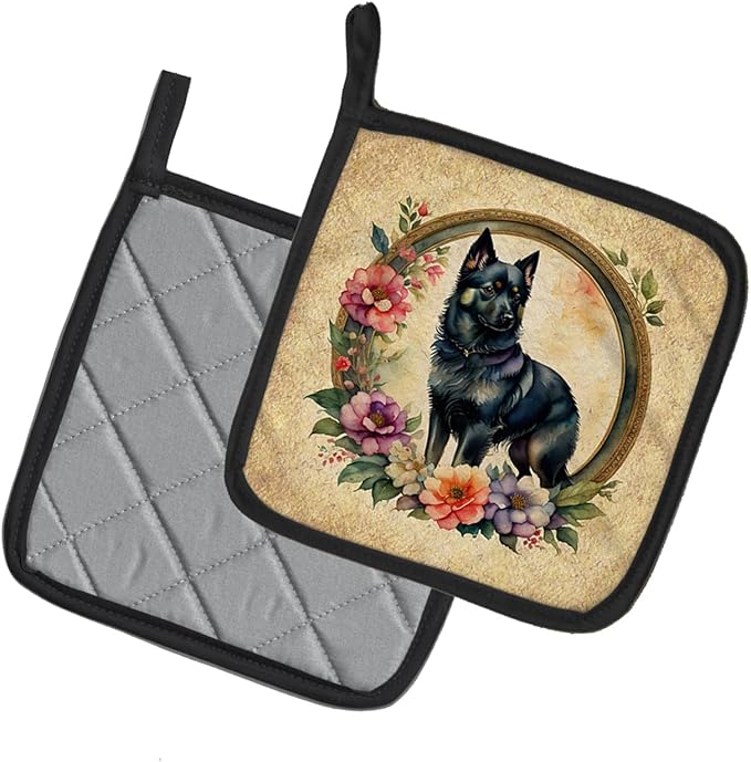 Caroline's Treasures Schipperke and Flowers Pair of Pot Holders Kitchen Heat Resistant Pot Holders Sets Oven Hot Pads for Cooking Baking BBQ, 7 1/2 x 7 1/2