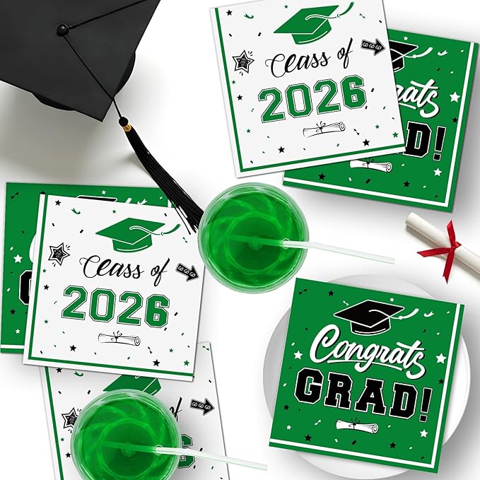 50 Pcs Graduation Napkins Decorations - Green Class of 2026 Congrats GRAD 3-Ply Paper Cocktail Dinner Napkins Set for 2026 Graduation Party Supplies Table Decor Favors, 6.5 x 6.5 Inch
