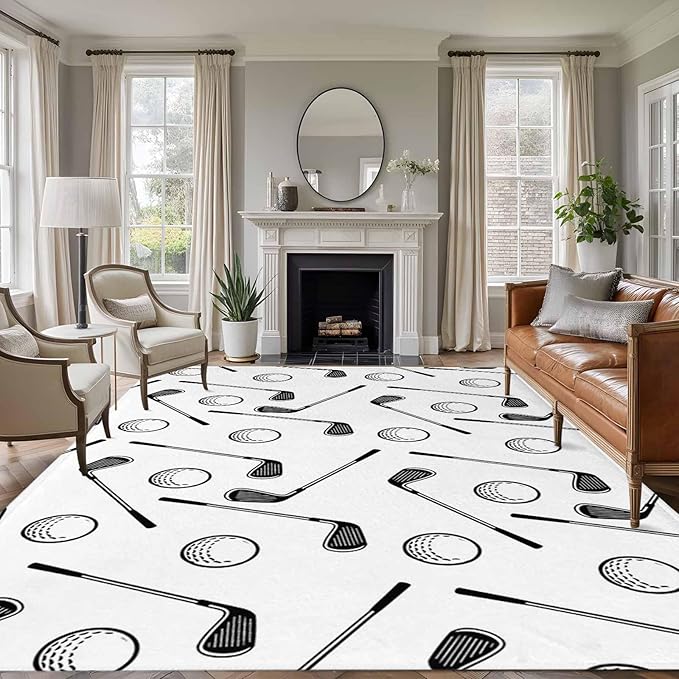 Area Rug 8x10ft, Golf Club Ball Seamless Pattern Washable Rugs for Living Room Bedroom, Modern Minimalist Art Soft Non-Slip Area Rugs Rectangle Floor Carpet for Dining Room