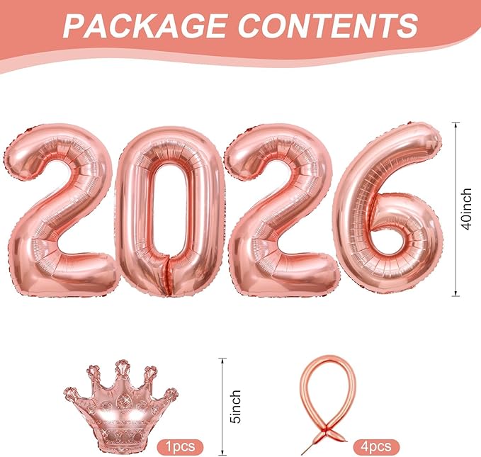 2026 Balloons Rose Gold,40 Inch 2026 Number Balloons with Foil Crown Balloons for Happy New Year Decorations New Years Eve 2026 Graduation Decorations Class of 2026 Party Supplies