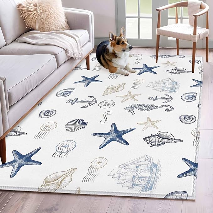 Area Rug 4x6ft, Ocean Starfish Seahorse Shell Conch Washable Rugs for Living Room Bedroom, Nautical Compass Anchor Soft Non-Slip Area Rugs Rectangle Floor Carpet for Dining Room