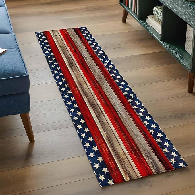 Runner Rug for Bedroom Hallway, Vintage Stripes and Stars Kitchen Runner Rugs Area Rug 2x6ft, Patriotic 250th Anniversary Washable Soft Floor Carpet for Entryway Stair