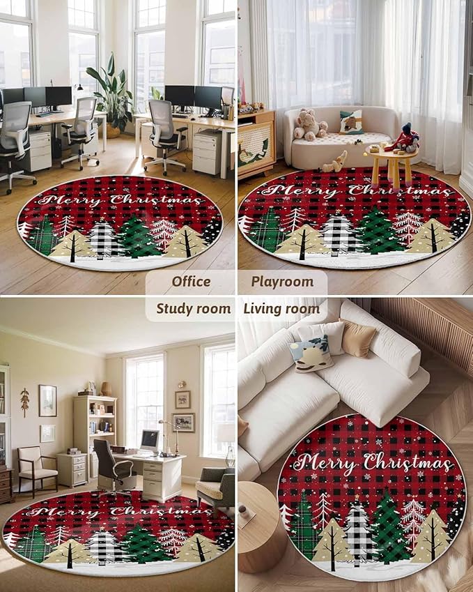 Round Area Rug,Christmas Tree Red Black Buffalo Plaid Circle Living Room Rug Non-Slip Rugs Indoor Carpet,Winter Snowflake Seamless Soft Comfort Rugs for Bedroom KidsRoom Nursery