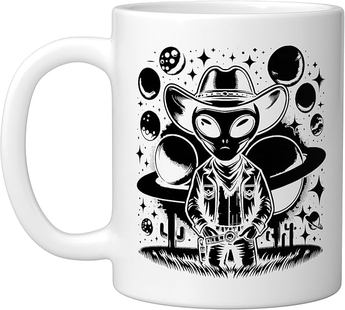 Alien Lover Flying Saucer UFO Extraterrestrial Cowboy Ceramic Mug, White