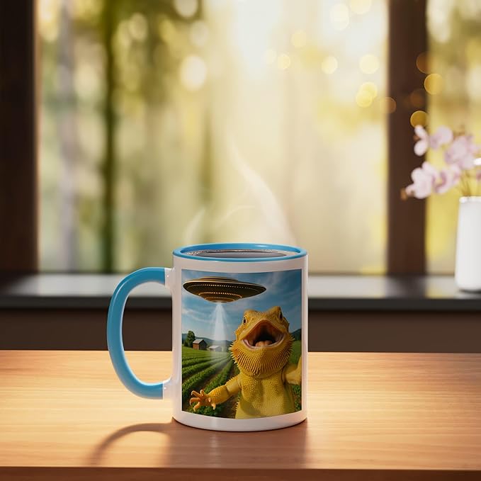 Funny Bearded Dragon Selfie with Alien UFO Ceramic Mug, Blue/White