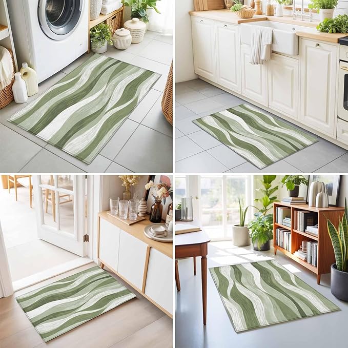 Area Rug 2x3ft, Modern Sage Green Gradient Stripe Washable Rugs for Living Room Bedroom, Abstract Ocean Wave Soft Non-Slip Area Rugs Rectangle Floor Carpet for Dining Room