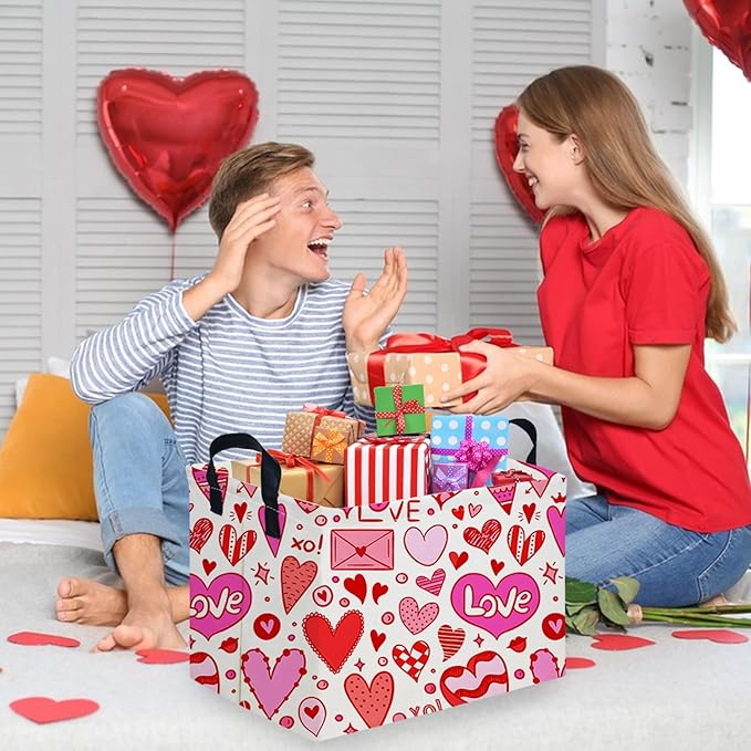 Rectangular Valentines Basket,baby Gift Basket Empty,Pink Gift baskets with Handle Organizer,Heart Print easter Baskets,Girl Room Decor(Grid love)