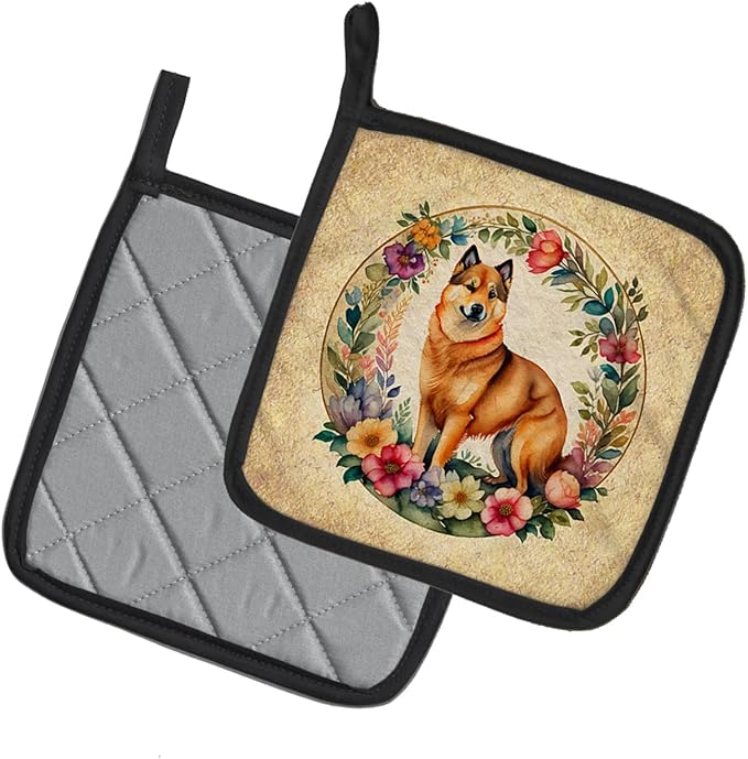 Caroline's Treasures Finnish Spitz and Flowers Pair of Pot Holders Kitchen Heat Resistant Pot Holders Sets Oven Hot Pads for Cooking Baking BBQ, 7 1/2 x 7 1/2