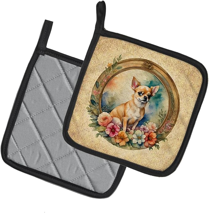 Caroline's Treasures Chihuahua and Flowers Pair of Pot Holders Kitchen Heat Resistant Pot Holders Sets Oven Hot Pads for Cooking Baking BBQ, 7 1/2 x 7 1/2