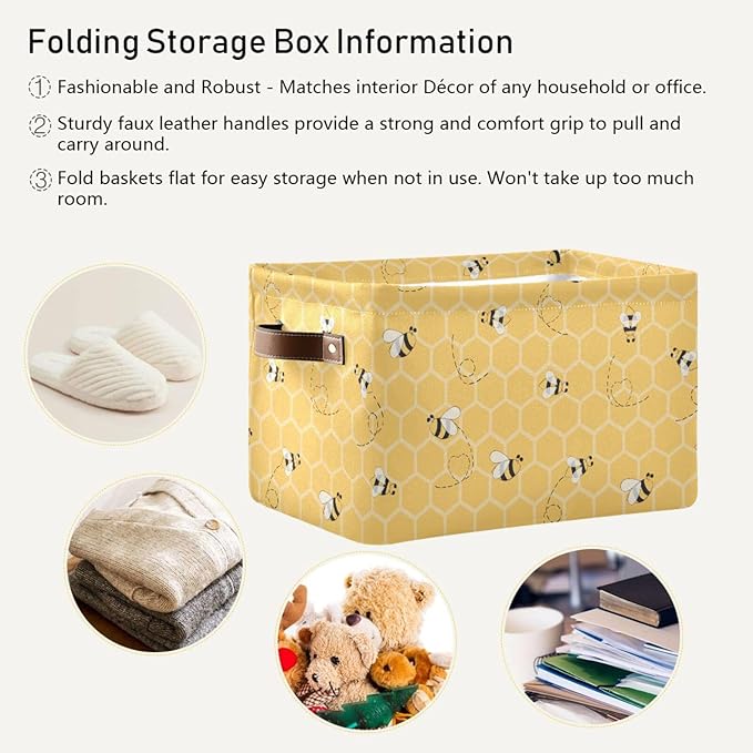 Rectangular Storage Bin Bee Yellow Airy Print Storage Baskets with Handles Toy Bins Shelf Basket for Nursery Room Kids Toy Pets Closet