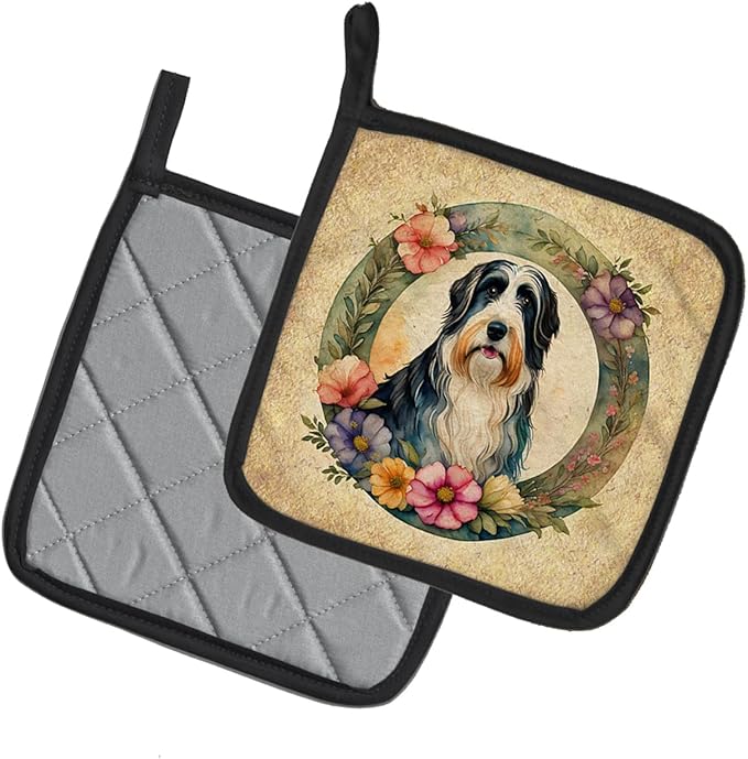 Caroline's Treasures Bearded Collie and Flowers Pair of Pot Holders Kitchen Heat Resistant Pot Holders Sets Oven Hot Pads for Cooking Baking BBQ, 7 1/2 x 7 1/2