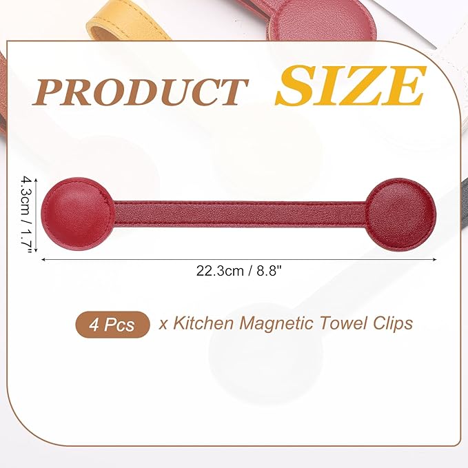uxcell 4 Pcs Kitchen Magnetic Towel Clips, Leather Towel Holder Clip Multi-Purpose Hand Hooks Kitchen Accessories for Oven Handles Bars Racks, Red